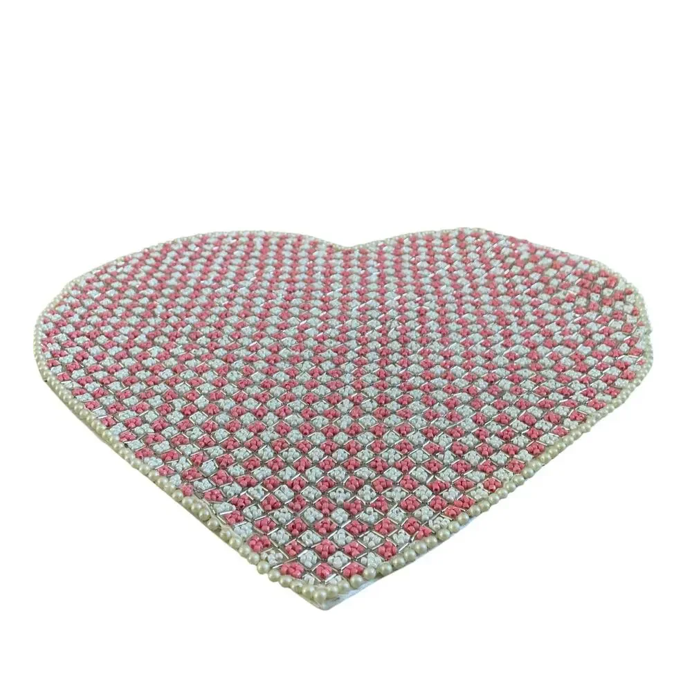 Cupcakes and Cashmere Beaded Heart Shaped Placemat Charger Pink White Silver New